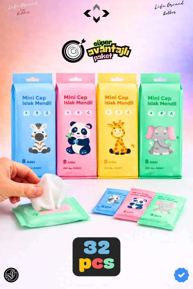 4x8 32 Paket Mini Cep Islak Mendil Kokusuz Temizlik Bezi Çocuk ve Okul Çanta İçin Taşınabilir Hijyen