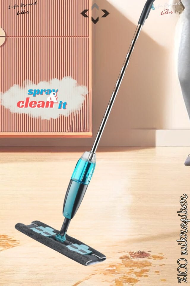 Mandallı Sprey Mop 360 Derece Döner Başlıklı %100 Mikrofiber Sprey Mop 350 ml Su Haznesi