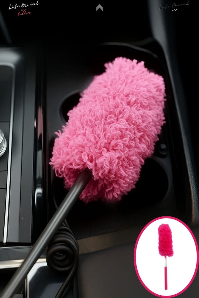 Pembe Teleskobik Toz Alma Bezi Mikrofiber Yıkanabilir Araç İçi Toz Alma Bezi