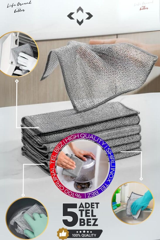 5 Adet Çift Katlı Highqual Çok Amaçlı Inox Tel Temizlik Bezi Çizmez Bulaşık Bezi Zor Kir Bezi Ipmo