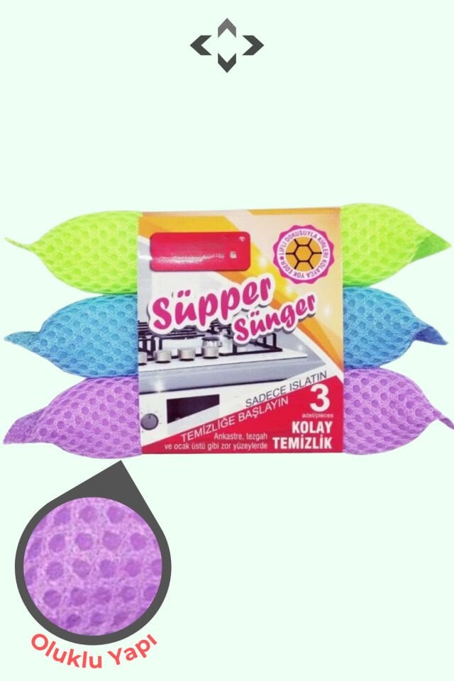 Süpper Sünger 3'lü Bulaşık Süngeri Çok Amaçlı Mutfak Süngeri Oluklu Doku Tüm Yüzeyler
