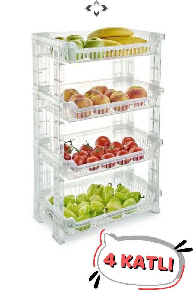 4 Katlı Şeffaf Sebzelik Geniş İç Hacimli Sebze-Meyve Rafı 4 Katlı Mutfak Organizeri