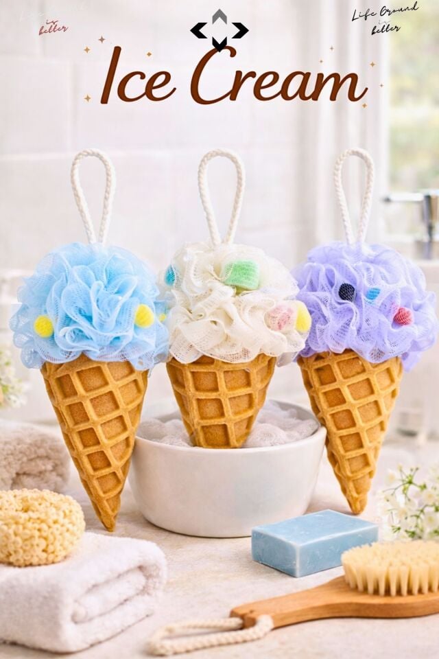 Sweety Fiber 3 Adet Dondurma Desenli Duş Banyo Kesesi Banyo Vücut Lifi Desenli Banyo Süngeri