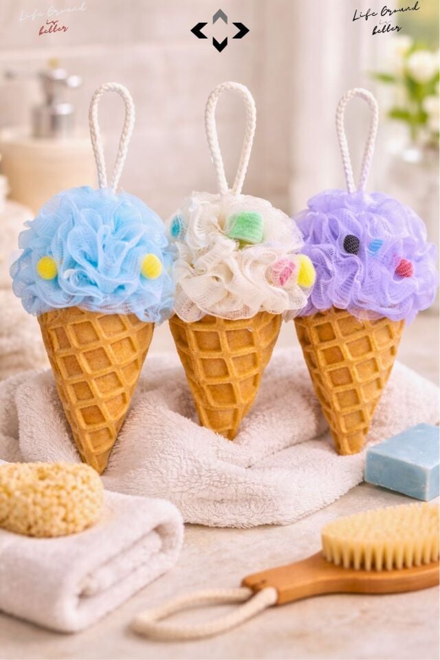 Sweety Fiber 3 Adet Dondurma Desenli Duş Banyo Kesesi Banyo Vücut Lifi Desenli Banyo Süngeri