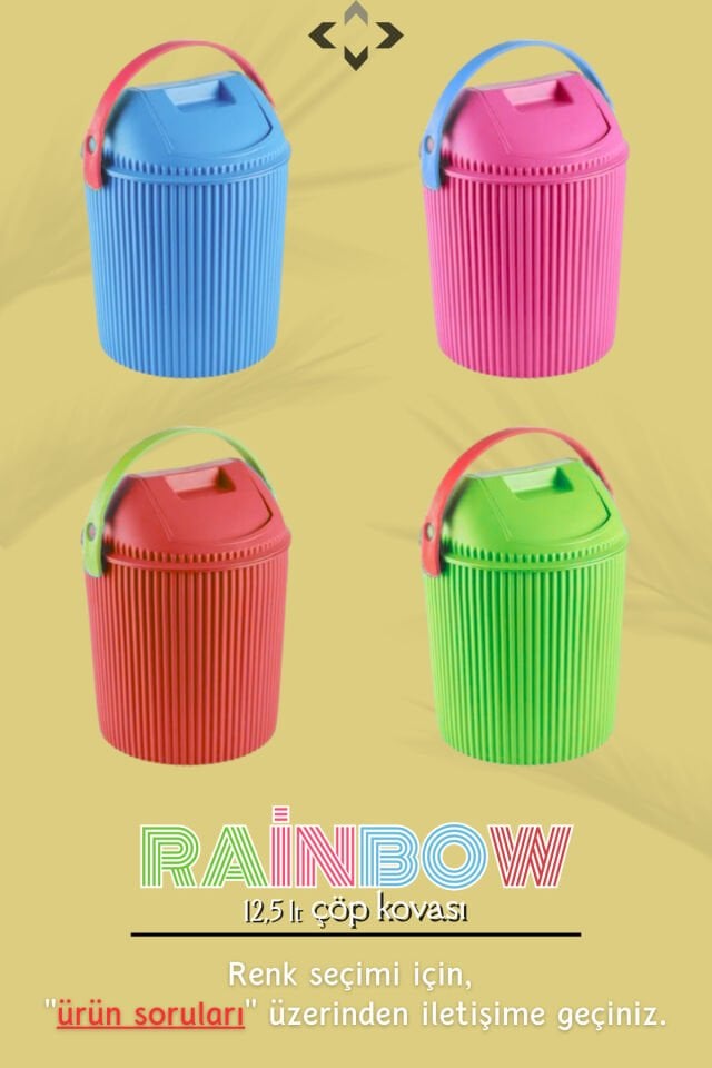 Rainbow 12,5 Lt Renkli Kulplu Kapaklı Çöp Kovası Mutfak Banyo Çocuk Odası Çöp Kovası Temizlik Kovası