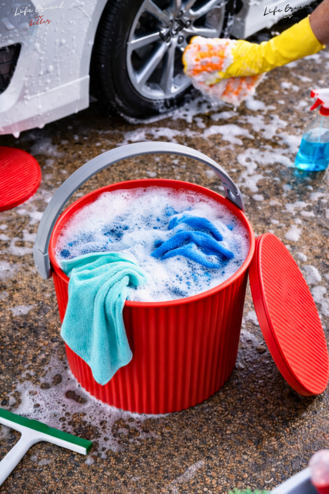 Kırmızı Yuvarlak Temizlik Kovası Çok Amaçlı Kulplu Kapaklı Oto Yıkama Organizer Sepet