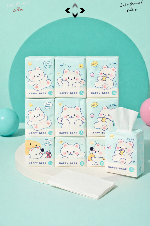 Happy Bear Sevimli Desenli 9’lu Mini Peçete Taşınabilir Çocuk Okul Çanta Cep Mendili Hijyenik Kağıt