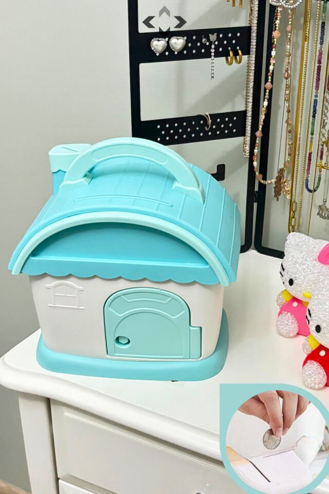 MAVİ Dekoratif Ev Desenli Kumbara Sticker Seti HEDİYE! Biblo Kumbara Dekoratif Ev Kumbara Birikim