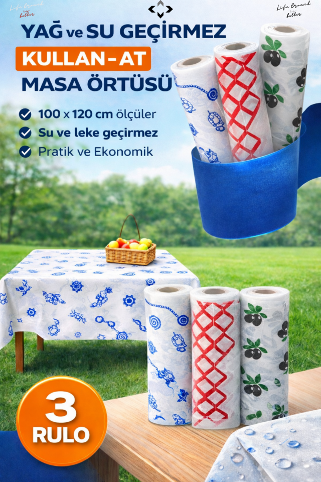 3 Rulo Tek Kullanımlık Kağıt Piknik Örtüsü - Kullan At Masa Örtüsü Bez Up001