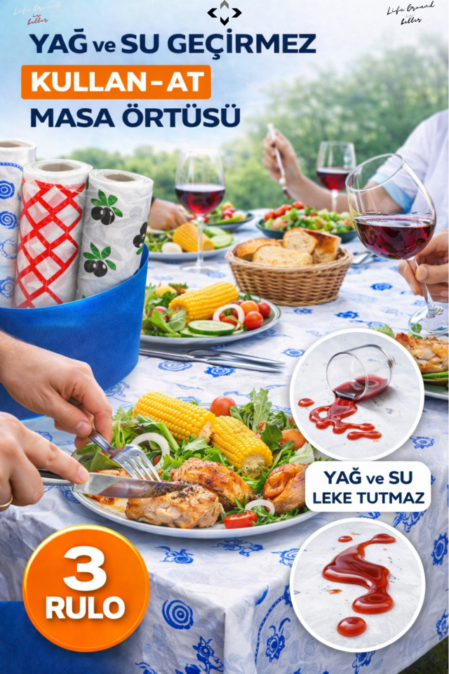 3 Rulo Tek Kullanımlık Kağıt Piknik Örtüsü - Kullan At Masa Örtüsü Bez Up001