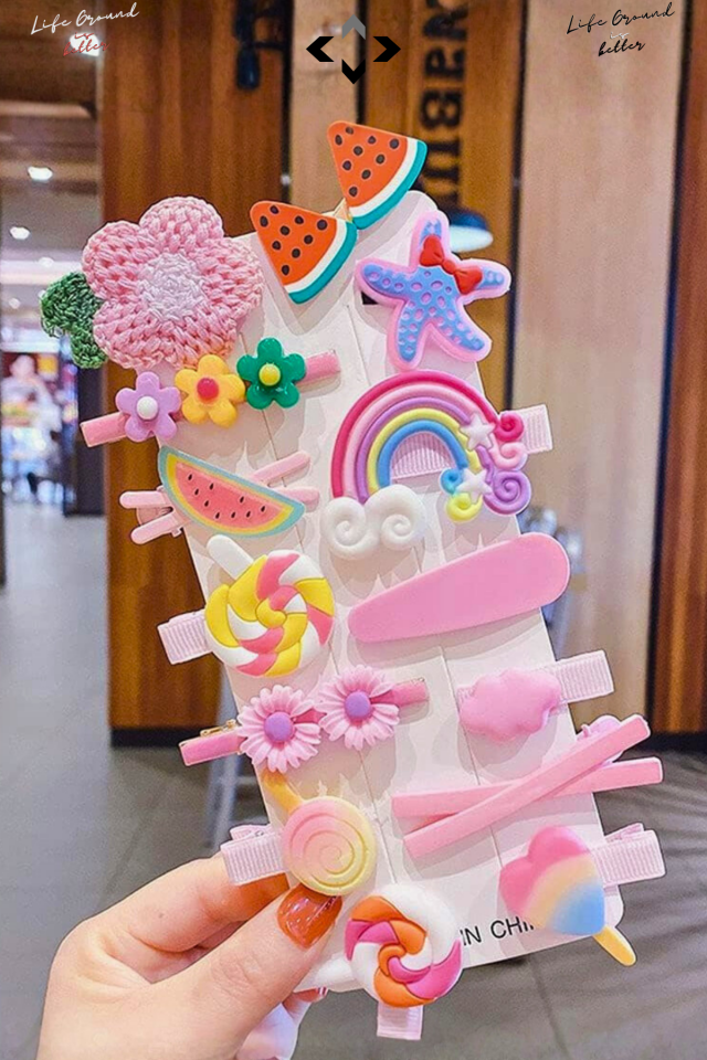 Pembe Silikon Kız Çocuk Saç Tokası Seti 14’lü Renkli Desenli Çıtçıt, Peluş ve Figürlü Toka Çiçek Modeller