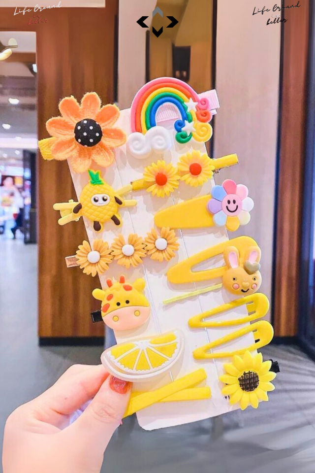 Sarı Silikon Kız Çocuk Saç Tokası Seti 14’lü Renkli Desenli Çıtçıt, Peluş ve Figürlü Toka Çiçek Modeller