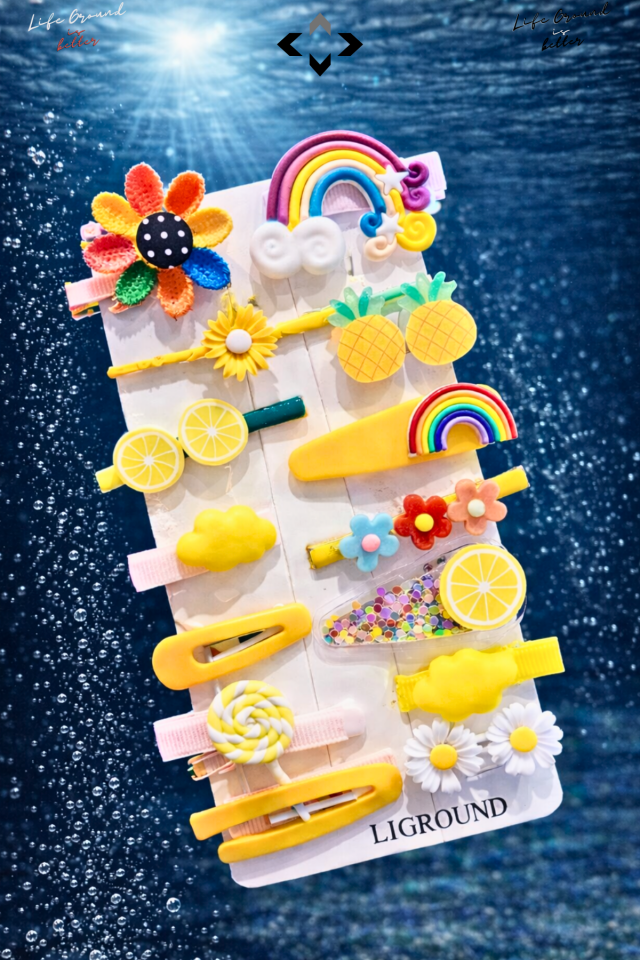 Sarı Silikon Kız Çocuk Saç Tokası Seti 14’lü Renkli Desenli Çıtçıt, Peluş ve Figürlü Toka Çiçek Modeller