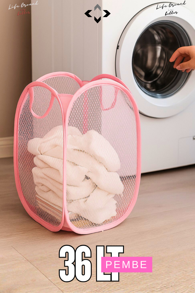 Pembe 36 LT Katlanabilir Çamaşır Sepeti Hurç Oyuncak Kutusu Çok Amaçlı Katlanır File Çamaşırlık