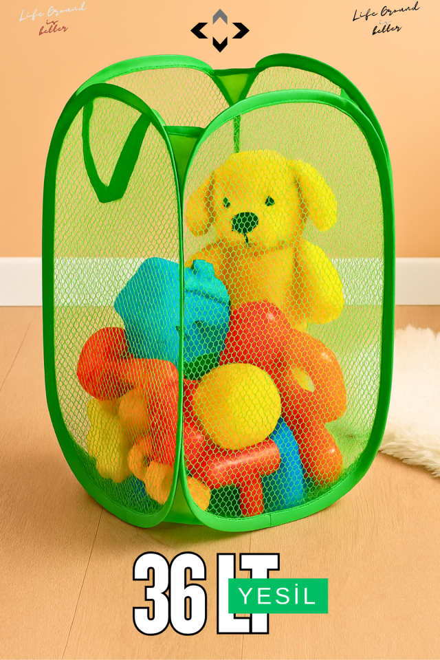 Yeşil 36 LT Katlanabilir Çamaşır Sepeti Hurç Oyuncak Kutusu Çok Amaçlı Katlanır File Çamaşırlık