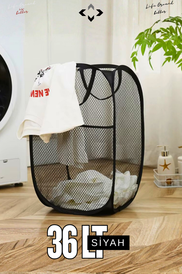 Siyah 36 LT Katlanabilir Çamaşır Sepeti Hurç Oyuncak Kutusu Çok Amaçlı Katlanır File Çamaşırlık