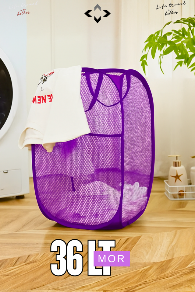 Mor 36 LT Katlanabilir Çamaşır Sepeti Hurç Oyuncak Kutusu Çok Amaçlı Katlanır File Çamaşırlık