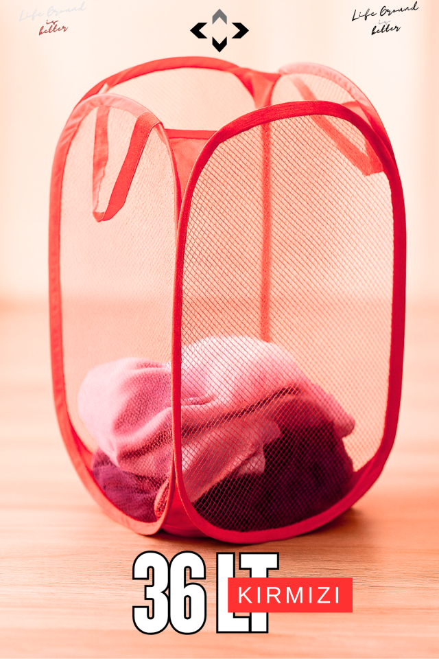 Kırmızı 36 LT Katlanabilir Çamaşır Sepeti Hurç Oyuncak Kutusu Çok Amaçlı Katlanır File Çamaşırlık
