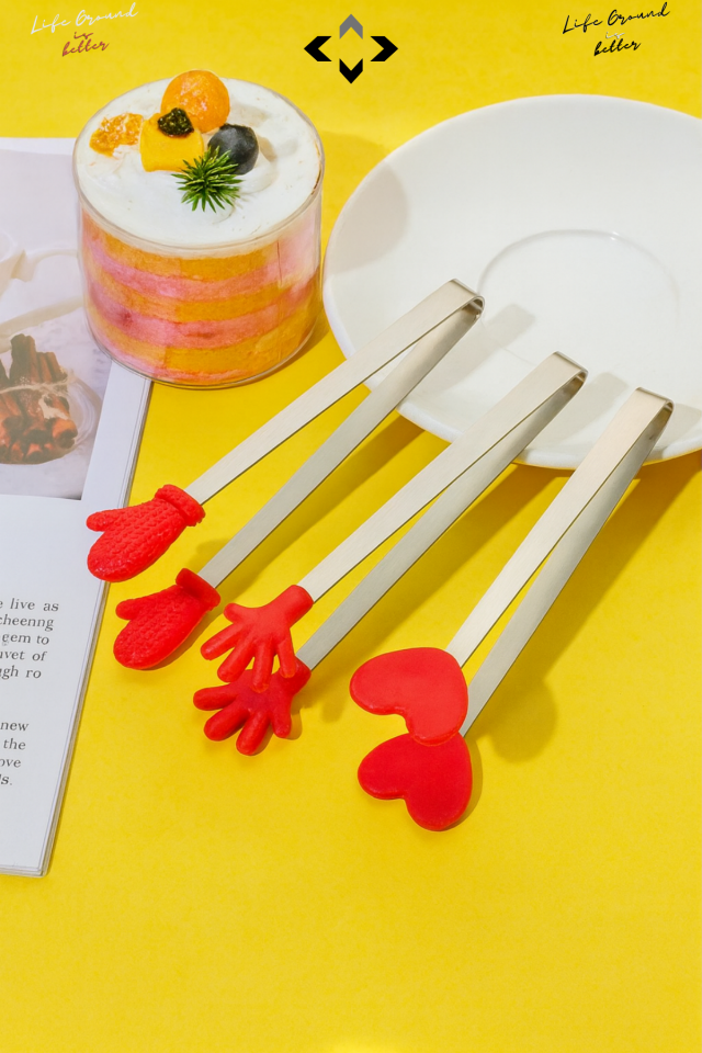 Kırmızı Silikon Uçlu Mini Dekoratif Servis Maşası Seti Kaymaz Tutucu Figürlü Maşa Mutfak Sunum Lokum Maşası