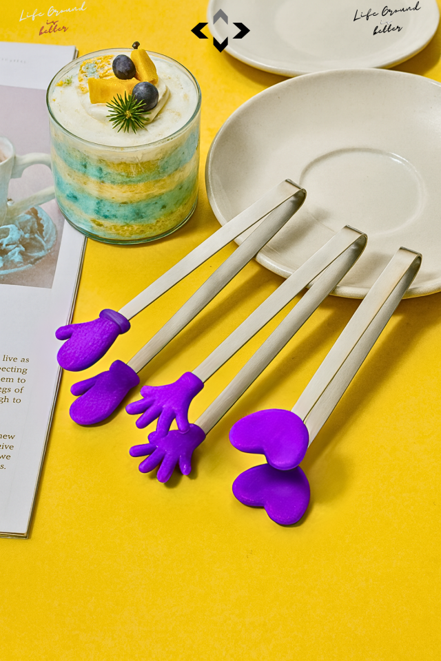 Mor Silikon Uçlu Mini Dekoratif Servis Maşası Seti Kaymaz Tutucu Figürlü Maşa Mutfak Sunum Lokum Maşası