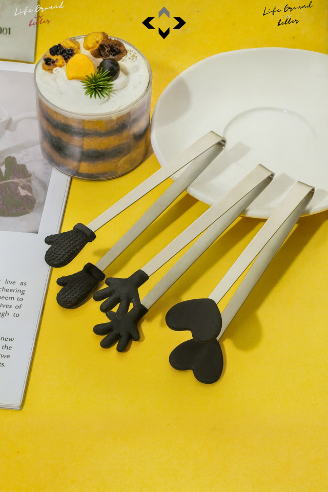 Siyah Silikon Uçlu Mini Dekoratif Servis Maşası Seti Kaymaz Tutucu Figürlü Maşa Mutfak Sunum Lokum Maşası