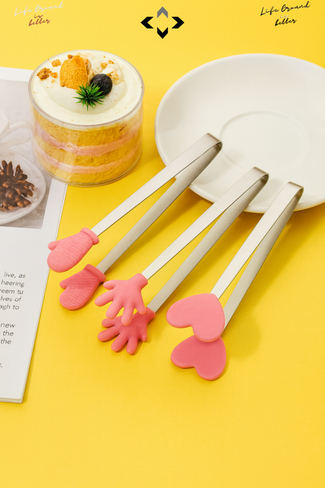 Pembe Silikon Uçlu Mini Dekoratif Servis Maşası Seti Kaymaz Tutucu Figürlü Maşa Mutfak Sunum Lokum Maşası