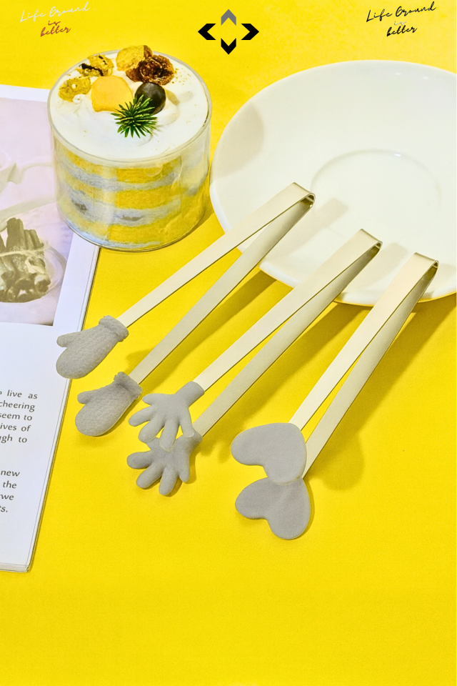 Gri Silikon Uçlu Mini Dekoratif Servis Maşası Seti Kaymaz Tutucu Figürlü Maşa Mutfak Sunum Lokum Maşası