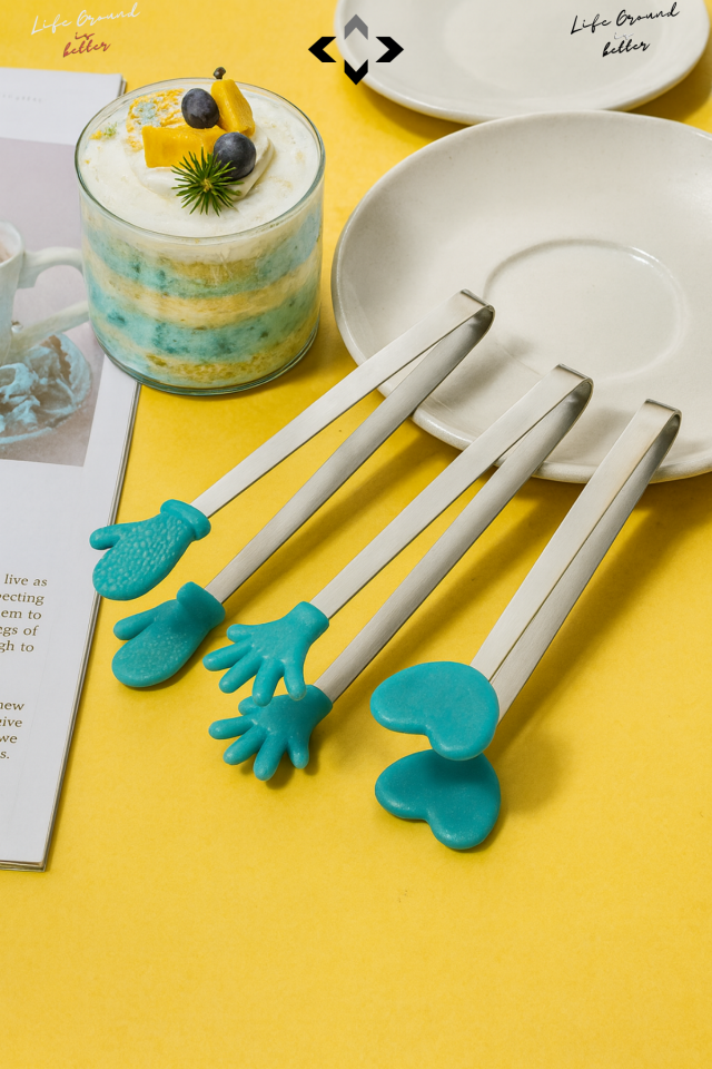 Turkuaz Silikon Uçlu Mini Dekoratif Servis Maşası Seti Kaymaz Tutucu Figürlü Maşa Mutfak Sunum Lokum Maşası