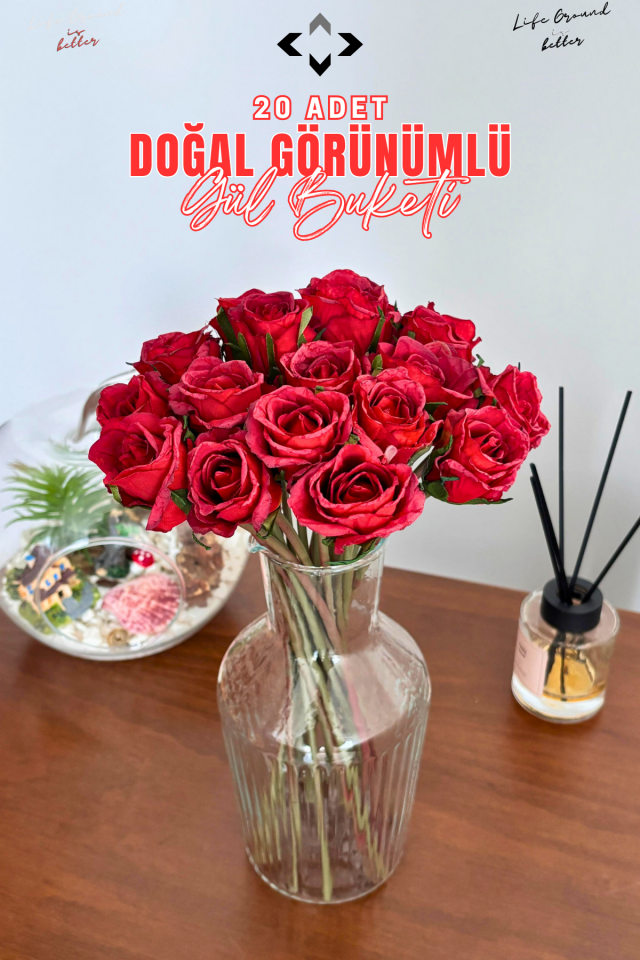 Kırmızı 20 Pcs Doğal Görünümlü Yapay Gül Buketi 20 Adet Ev Dekorasyon Gelin Çiçeği