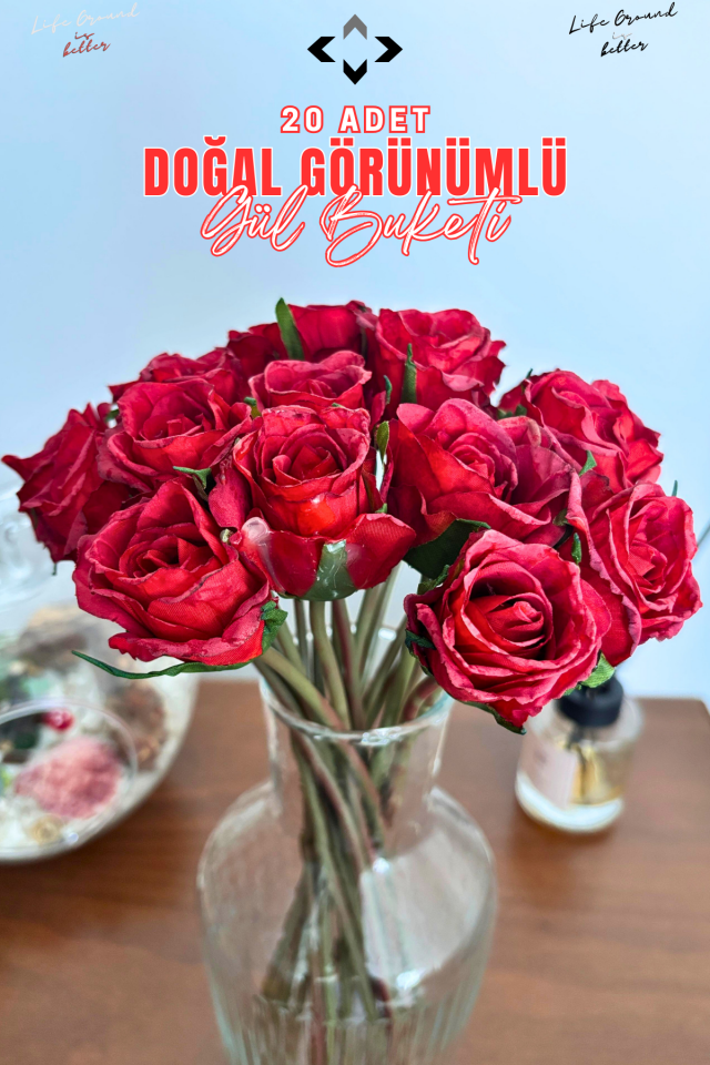 Kırmızı 20 Pcs Doğal Görünümlü Yapay Gül Buketi 20 Adet Ev Dekorasyon Gelin Çiçeği