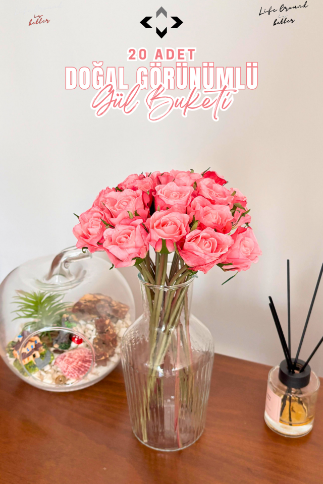 Pembe 20 Pcs Doğal Görünümlü Yapay Gül Buketi 20 Adet Ev Dekorasyon Gelin Çiçeği