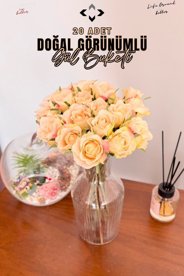 Sarı 20 Pcs Doğal Görünümlü Yapay Gül Buketi 20 Adet Ev Dekorasyon Gelin Çiçeği