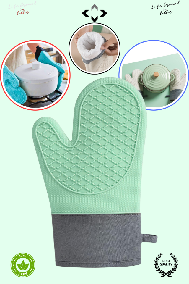1 ADET Yeşil Isıya Dayanıklı Silikon Fırın Eldiveni Kaymaz Su Geçirmez Yüksek Isı Koruyucu Mutfak Eldiveni