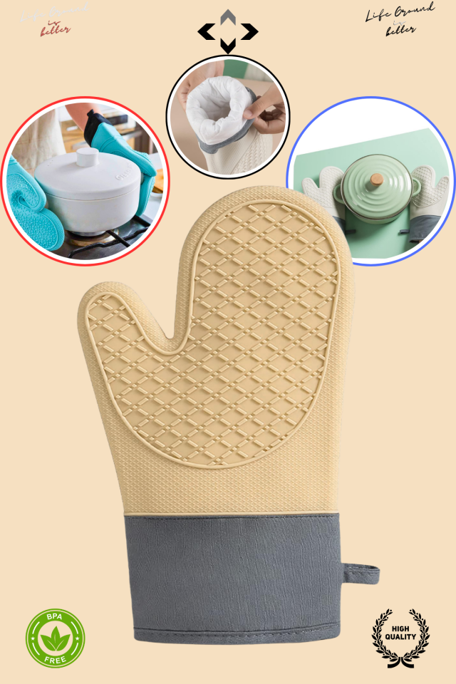 1 ADET Bej Isıya Dayanıklı Silikon Fırın Eldiveni Kaymaz Su Geçirmez Yüksek Isı Koruyucu Mutfak Eldiveni