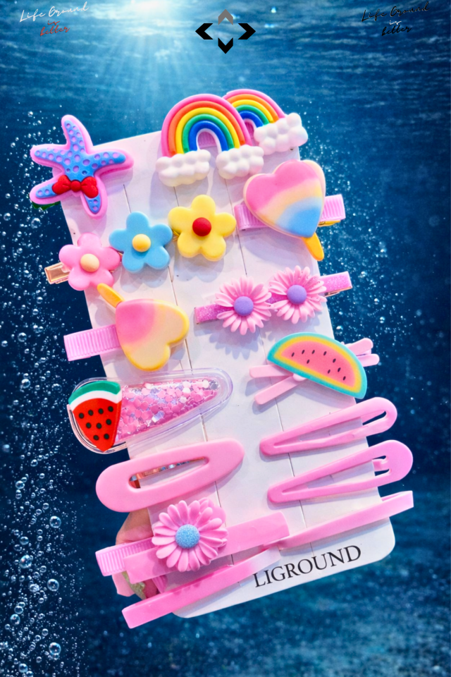 Pembe Simli Silikon Kız Çocuk Saç Tokası Seti 14’lü Renkli Desenli Çıtçıt, Peluş ve Figürlü Toka Çiçek Modeller