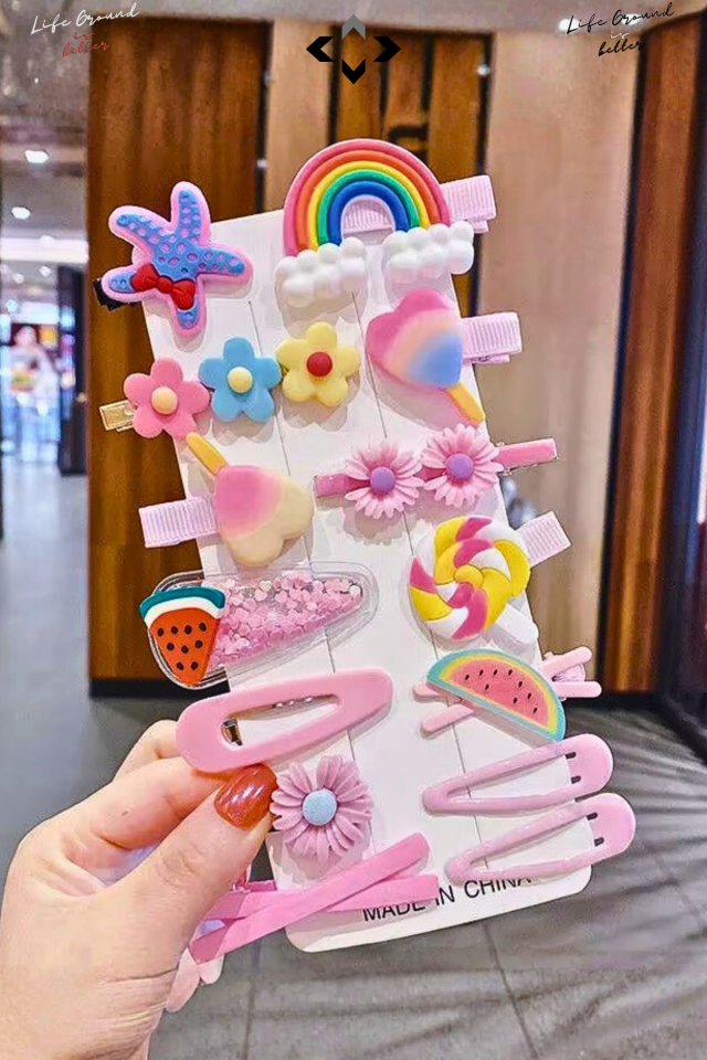 Pembe Simli Silikon Kız Çocuk Saç Tokası Seti 14’lü Renkli Desenli Çıtçıt, Peluş ve Figürlü Toka Çiçek Modeller