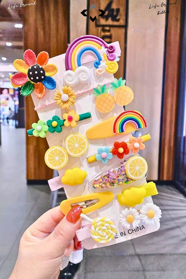 Sarı Simli Silikon Kız Çocuk Saç Tokası Seti 14’lü Renkli Desenli Çıtçıt, Peluş ve Figürlü Toka Çiçek Modeller