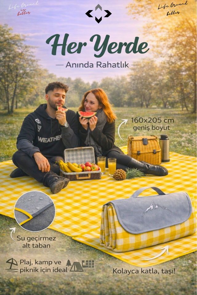 Kendinden Çantalı Katlanabilir Çok Amaçlı Kamp & Piknik Örtüsü Kamp Matı Su Geçirmez 160x205 Piknik Seti