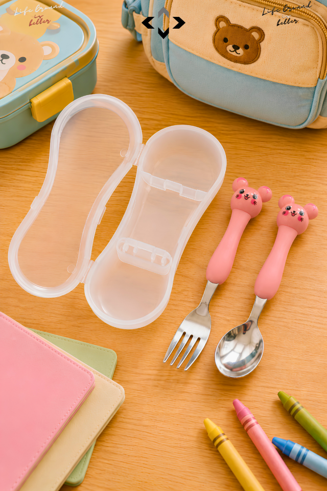 Kutulu 3D Figürlü Pembe Çocuk Çatal Kaşık Seti Paslanmaz Çelik Ergonomik Saplı Okul Kreş Beslenme Seyahat