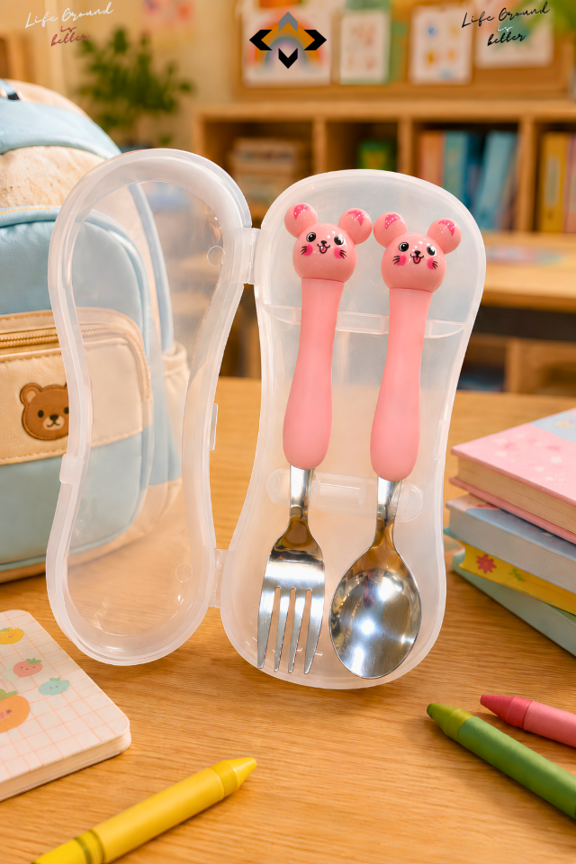 Kutulu 3D Figürlü Pembe Çocuk Çatal Kaşık Seti Paslanmaz Çelik Ergonomik Saplı Okul Kreş Beslenme Seyahat