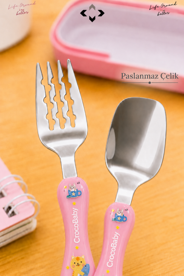 SPECIAL EDITION Pembe Kutulu Bebek ve Çocuk Çatal Kaşık Seti 2 Parça Ergonomik Saplı Okul Beslenme Seyahat