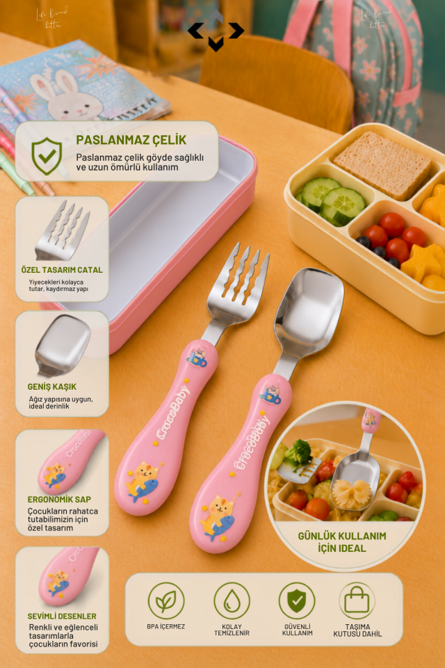 SPECIAL EDITION Pembe Kutulu Bebek ve Çocuk Çatal Kaşık Seti 2 Parça Ergonomik Saplı Okul Beslenme Seyahat