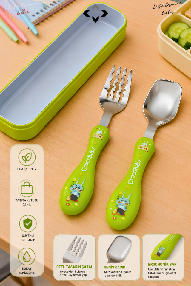 SPECIAL EDITION Yeşil Kutulu Bebek ve Çocuk Çatal Kaşık Seti 2 Parça Ergonomik Saplı Okul Beslenme Seyahat