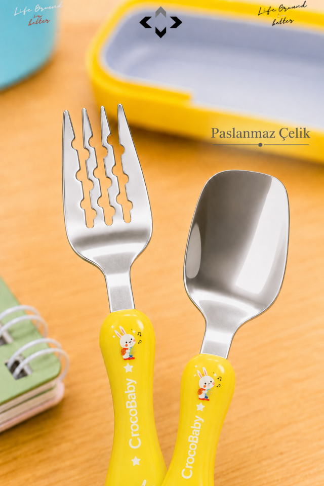 SPECIAL EDITION Sarı Kutulu Bebek ve Çocuk Çatal Kaşık Seti 2 Parça Ergonomik Saplı Okul Beslenme Seyahat
