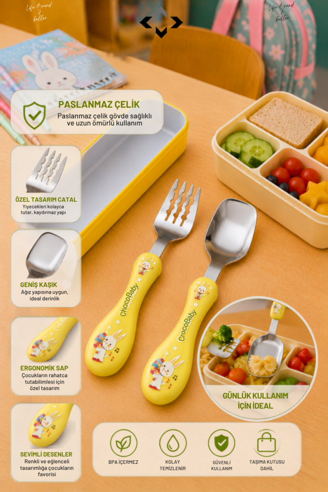 SPECIAL EDITION Sarı Kutulu Bebek ve Çocuk Çatal Kaşık Seti 2 Parça Ergonomik Saplı Okul Beslenme Seyahat