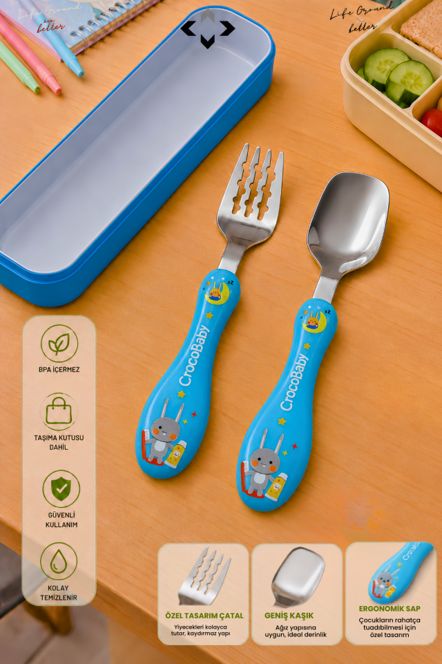 SPECIAL EDITION Mavi Kutulu Bebek ve Çocuk Çatal Kaşık Seti 2 Parça Ergonomik Saplı Okul Beslenme Seyahat